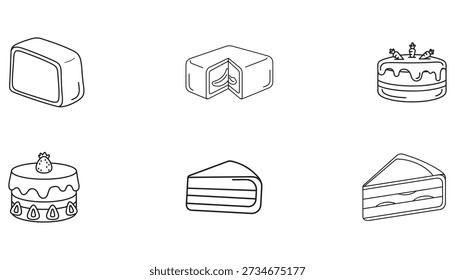 A collection of six simple line art icons depicting various desserts, including cakes and pastries, presented on a white background.