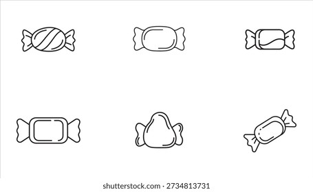 A collection of six simple line art icons depicting various wrapped candies, showcasing different shapes and wrapper styles on a plain white background.