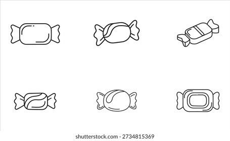 A collection of six simple line art illustrations of wrapped candies, presented in a two-by-three grid on a white background.