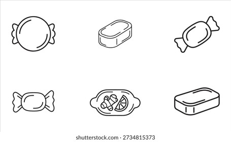 A collection of six simple line art icons depicting various candies and a ginger-lemon slice.