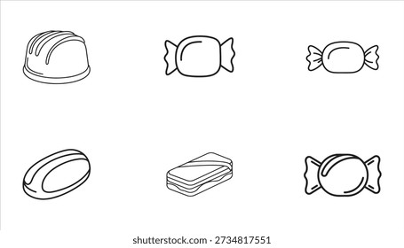 A collection of six simple line art icons depicting various sweet treats including chocolates, wrapped candies, and a wafer, presented on a white background.