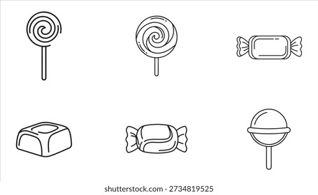 A collection of six simple line art icons depicting various types of candies, including spiral lollipops, a round lollipop, and different wrapped sweets, all presented on a clean white background.