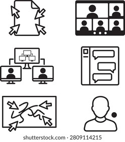 a collection of six simple line art icons showing remote work and digital communication symbols