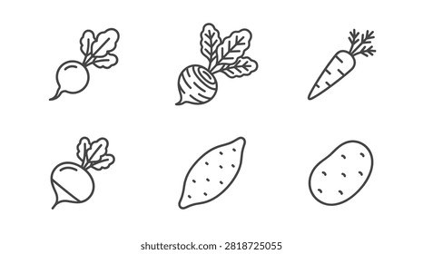 Collection of six simple line art icons representing root vegetables and tubers including radish, beet, carrot, sweet potato, and potato