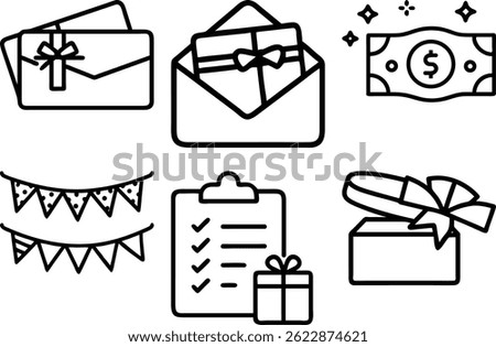 A collection of six simple line art icons depicting various gift-giving, celebration, and planning concepts, ideal for websites, apps, or presentations.