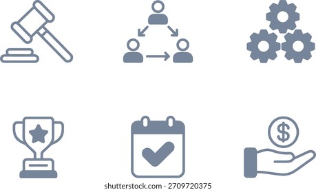Colección de seis íconos de línea simples que representan el juicio legal, el trabajo en equipo, el proceso, el logro, el calendario y la transacción de dinero, perfecto para presentaciones corporativas.