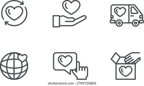 Una colección de seis íconos de línea simples que representan conceptos como amor global, donación, entrega, Comentarios, cuidado y reciclaje, todos relacionados con la caridad y la emoción positiva.
