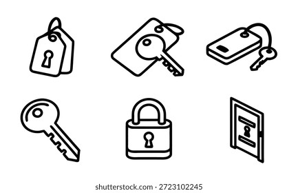 Una colección de seis íconos de línea simples que representan diferentes tipos de llaves y cerraduras, incluyendo un candado, cerradura de puerta, tarjeta de llave y llave, todo en blanco y negro.