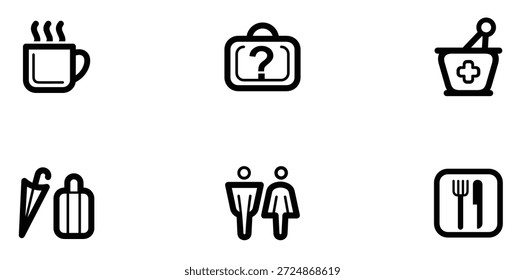Una colección de seis simples íconos de línea que representan objetos y símbolos cotidianos, incluida una taza de café, un maletín con un signo de interrogación, mortero y mortero, paraguas y botella, un hombre y una mujer, y un plato con tenedor y cuchillo.