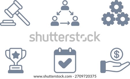 Collection of six simple line icons representing legal judgment, teamwork, process, achievement, schedule, and money transaction, perfect for corporate presentations.