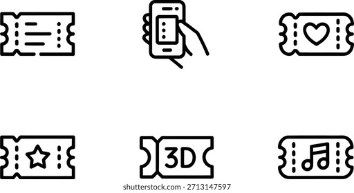Coleção de seis ícones simples e modernos de arte da linha que representam diferentes tipos de ingressos e acesso a eventos, incluindo um smartphone.