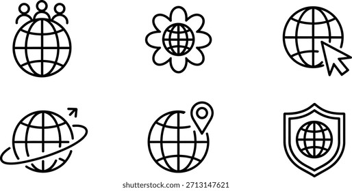 Coleção de seis ícones de arte em linha simples e modernos que representam conceitos globais como trabalho em equipe, natureza, internet, viagens, localização e segurança.