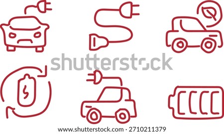 Collection of six simple, red line art icons representing electric vehicles, charging, and batteries, conveying eco-friendly transportation and energy concepts.