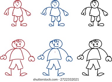 Una colección de seis figuras de palo simples en colores rojo, azul y negro