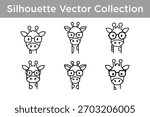 A collection of six simple, stylized line art vector illustrations of giraffe heads wearing glasses.