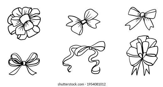 Collection of six sketch bows outline vector graphics with white background. Isolated illustration for decorating gift voucher, celebrating card.