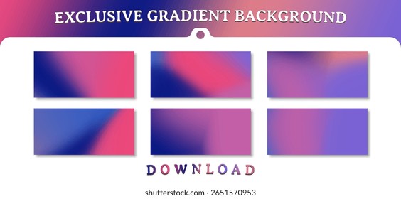 A collection of six smooth, abstract gradient backgrounds featuring a vibrant blend of deep blues, purples, and bright pinks, creating a modern and energetic feel.