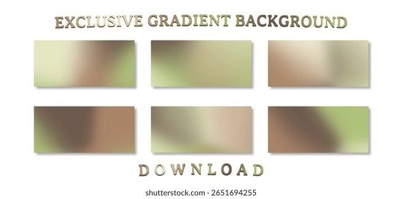Uma coleção de seis fundos de gradiente suaves e borrados em uma paleta de cores terrosas sofisticadas de verde, bege e marrom, evocando uma estética calma e natural.
