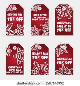 Collection of Six Snowflakes Merry Christmas and Happy New Year Sales Tags for Product Promotion - Vector Illustration on White Background - Printable and Editable
