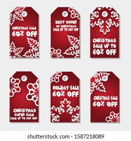 Collection of Six Snowflakes Merry Christmas and Happy New Year with Red Sales Tags Theme for Product Super Big Sale Promotion - Vector Illustration on White Background - Printable and Editable