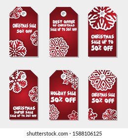 Collection of Six Snowflakes Merry Christmas and Happy New Year with Red Sales Tags Theme for Product Super Big Sale Promotion - Vector Illustration on White Background - Printable and Editable