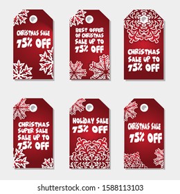 Collection of Six Snowflakes Merry Christmas and Happy New Year Sales Tags for Product Promotion - Vector Illustration on White Background - Printable and Editable