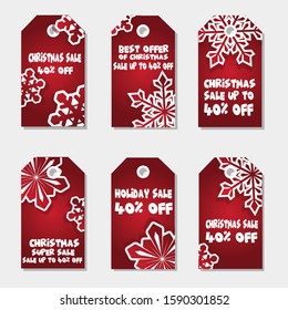 Collection of Six Snowflakes Merry Christmas and Happy New Year with Red Sales Tags Theme for Product Super Big Sale Promotion - Vector Illustration on White Background - Printable and Editable