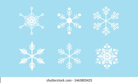 Collection of six snowflakes of simple shape of lines and circles.