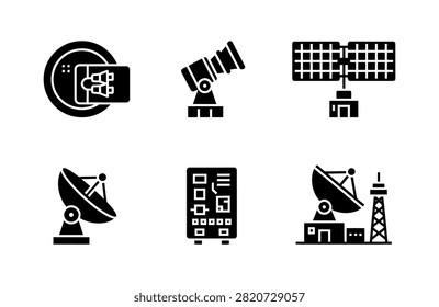 A collection of six solid black icons representing satellite technology, including parabolic antennas, telescopes, solar panels, and control systems.