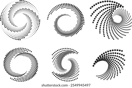 Uma coleção de seis desenhos em espiral trabalhados com padrões de pontos em negrito. 
Esses visuais dinâmicos são perfeitos para marcas, mídia digital ou para adicionar uma reviravolta moderna a qualquer projeto criativo.