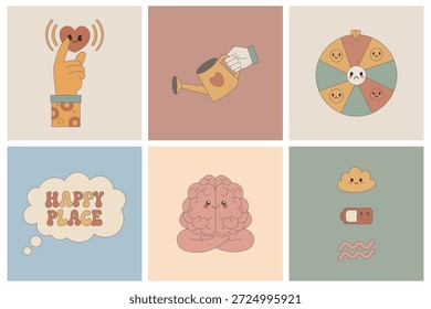 Colección de seis bloques cuadrados para consejos de autocuidado con una rueda de seguimiento de sentimiento, cuidado del corazón y gráficos de meditación en una estética nostálgica.