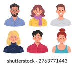 Collection of six stylish human avatars in flat vector style. Includes characters with glasses, scarves, turtlenecks, and buns