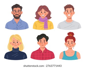 Collection of six stylish human avatars in flat vector style. Includes characters with glasses, scarves, turtlenecks, and buns