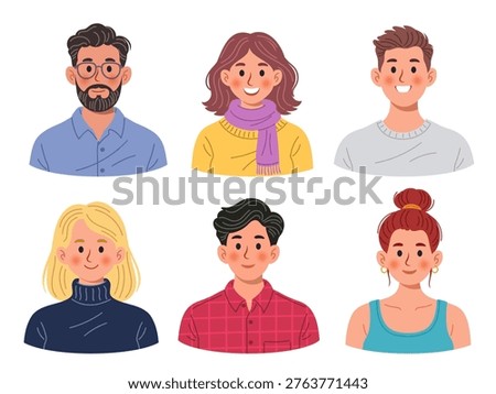 Collection of six stylish human avatars in flat vector style. Includes characters with glasses, scarves, turtlenecks, and buns