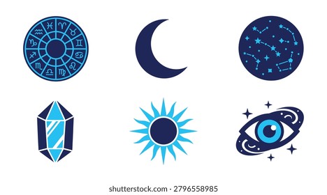 A collection of six stylish vector icons depicting mystical and celestial themes. Includes astrology wheel, crescent moon, starry constellation, crystal gemstone, radiant sun, and spiral galaxy designs in dark blue and cyan tones. Perfect for fantasy, magic, or cosmic-themed projects.