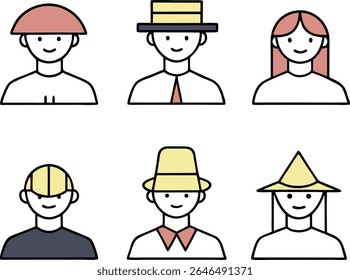 Una colección de seis avatares estilizados con Formas geométricas simplificadas, presentados sobre un fondo blanco. Cada avatar cuenta con distintos Elementos de sombreros y prendas de vestir en colores apagados  
