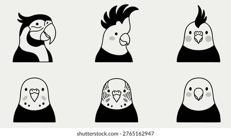 A collection of six stylized bird heads in a simple black and white cartoon style, featuring parrots and budgies.