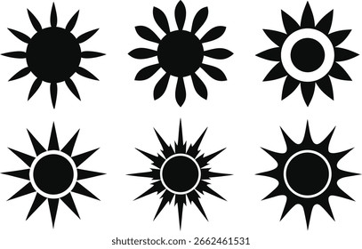 Colección de seis iconos de sol negro estilizado con rayos y círculos interiores sobre un fondo blanco