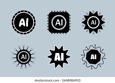 Uma coleção de seis ícones estilizados em preto e branco apresentando as letras "AI" em formas circulares ou geométricas, definidas contra um fundo azul claro. Os ícones representam conc de inteligência artificial