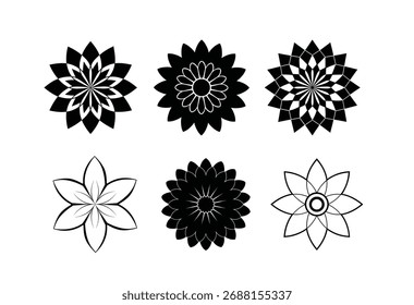 Colección de seis Elementos decorativos florales y geométricos estilizados en blanco y negro