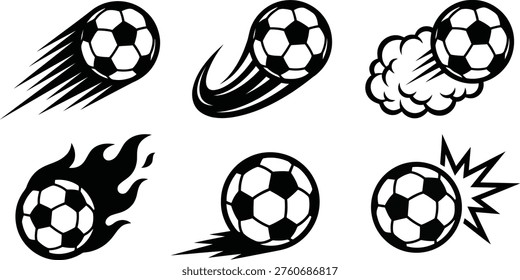 A collection of six stylized black and white icons depicting soccer balls in motion, with various effects like speed lines, flames, and impact bursts.