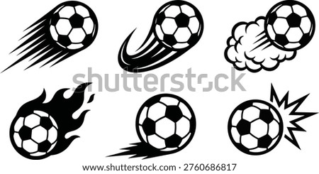 A collection of six stylized black and white icons depicting soccer balls in motion, with various effects like speed lines, flames, and impact bursts.