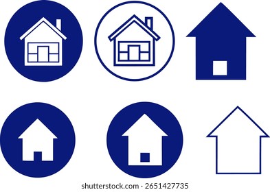 A collection of six stylized blue house icons on a black background, featuring variations in design and containment within circles, representing home and real estate concepts.