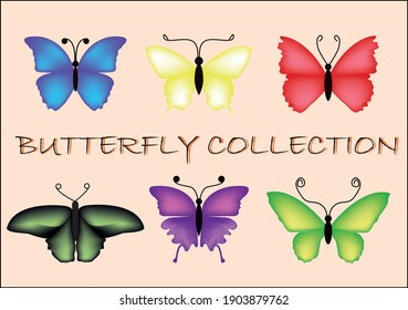 Collection of six stylized butterflies of different shapes and colors. Romantic illustration for invitations, for example.

