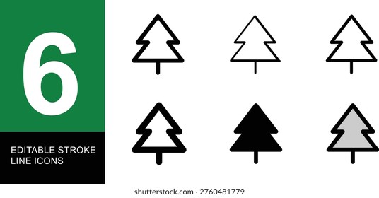 Collection of six stylized Christmas tree icons in outline and filled variations on a white background