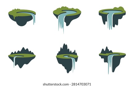 Collection of six stylized floating islands with waterfalls isolated on transparent background