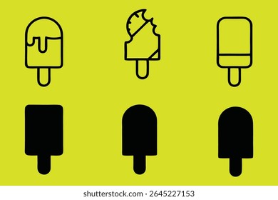 Uma coleção de seis ícones pop de gelo estilizados contra um fundo amarelo brilhante. Três ícones são contornados em preto, representando um pop gelado, um pop gelado mordido e um pop gelado simples. 