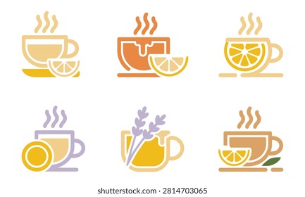 Collection of six stylized icons representing hot beverages with fruit and floral garnishes