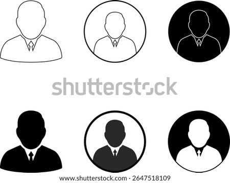 A collection of six stylized icons representing a person in formal attire, featuring variations of outline, solid fill, and circular framing for diverse design applications.