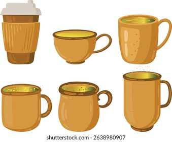 Collection of Six Stylized Illustrations of Beverage Cups and Mugs in Earth Tones, Featuring a Disposable Coffee Cup, Tea Cups, and Mugs with Golden Liquid and Subtle Textures